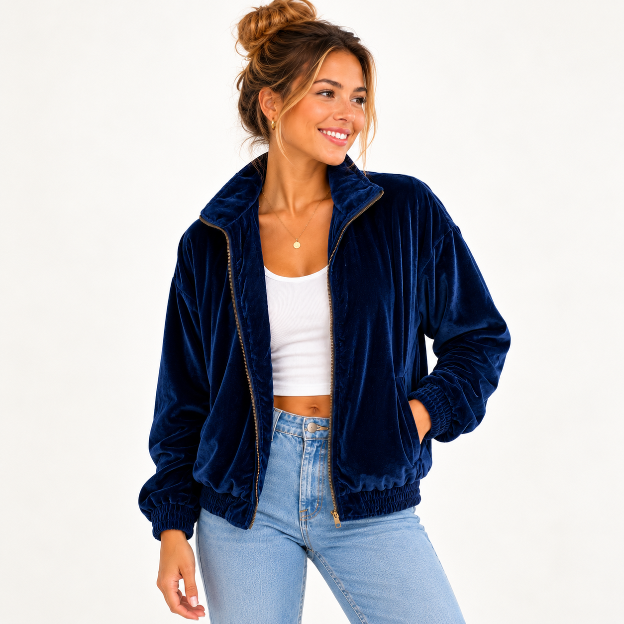 Women’s Navy Blue Velvet Jacket – Premium Casual Outerwear