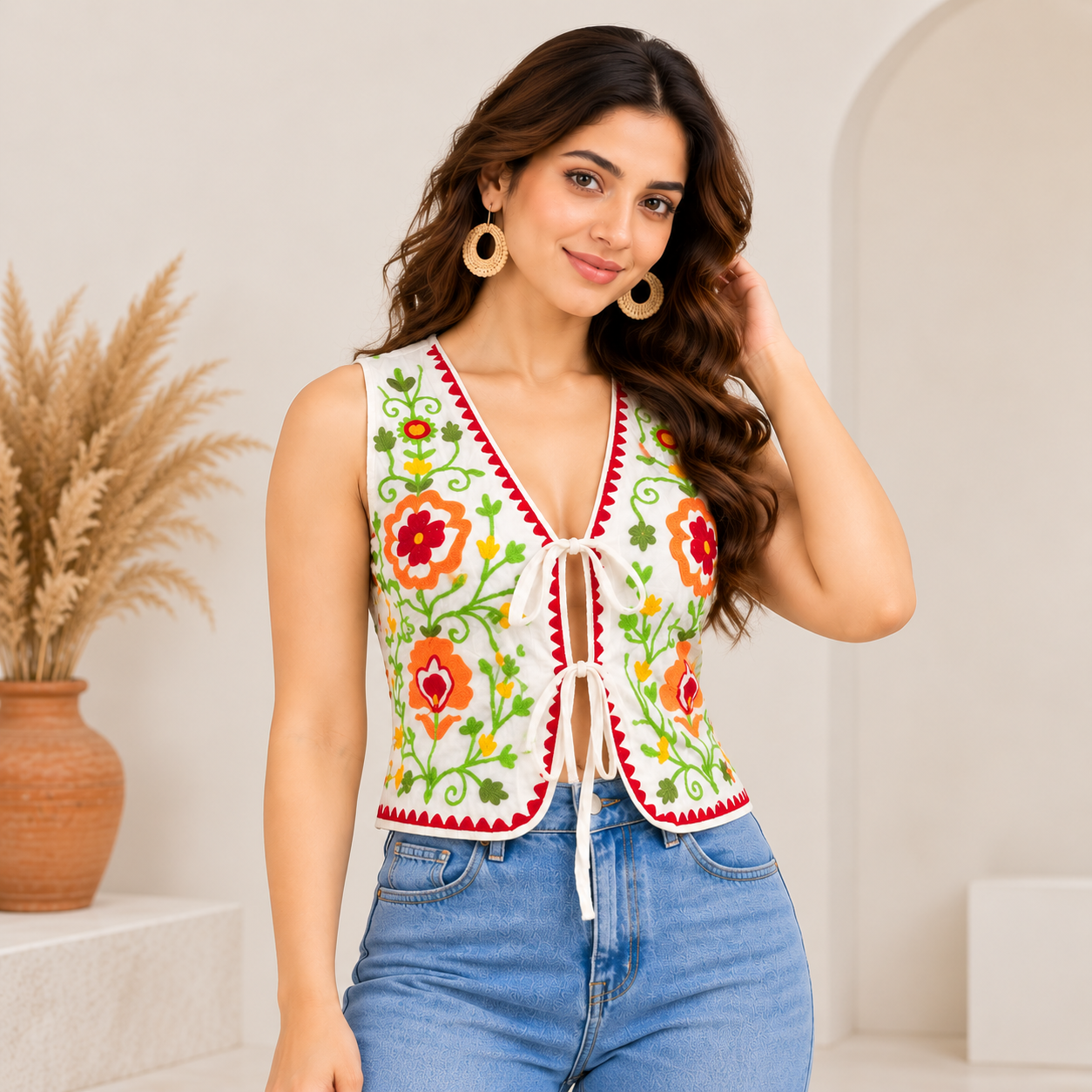 Women’s Boho Floral Embroidered Tie-Front Vest