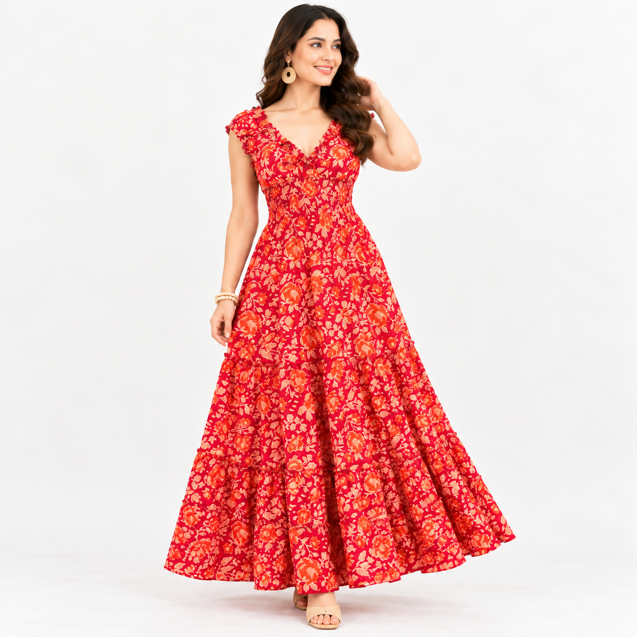 Women’s Boho Floral Print V-Neck Ruffle Sleeve Maxi Dress